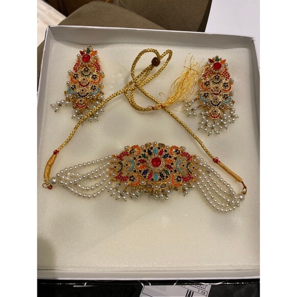 Nauratan Choker Jewelry Set Semi Precious stone Indian Pakistani Bridalwear NWT - Picture 12 of 12